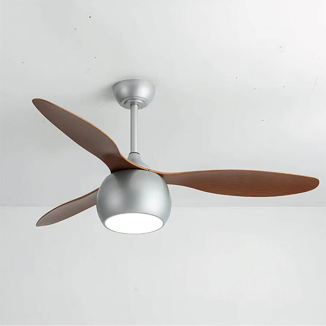 Silver LED Ceiling Fan with Wood Grain Blades for Modern Interiors