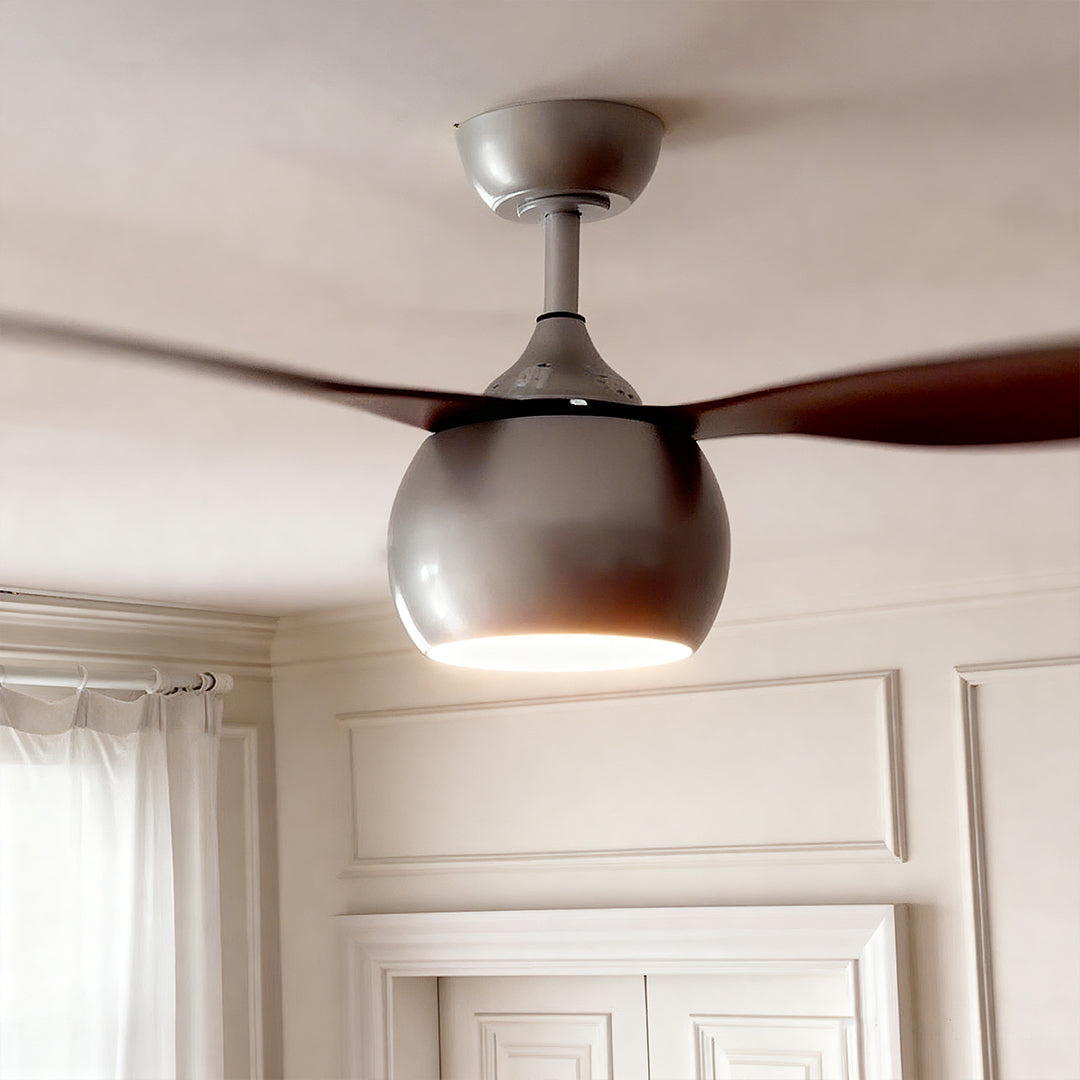Silver LED Ceiling Fan with Wood Grain Blades for Modern Interiors
