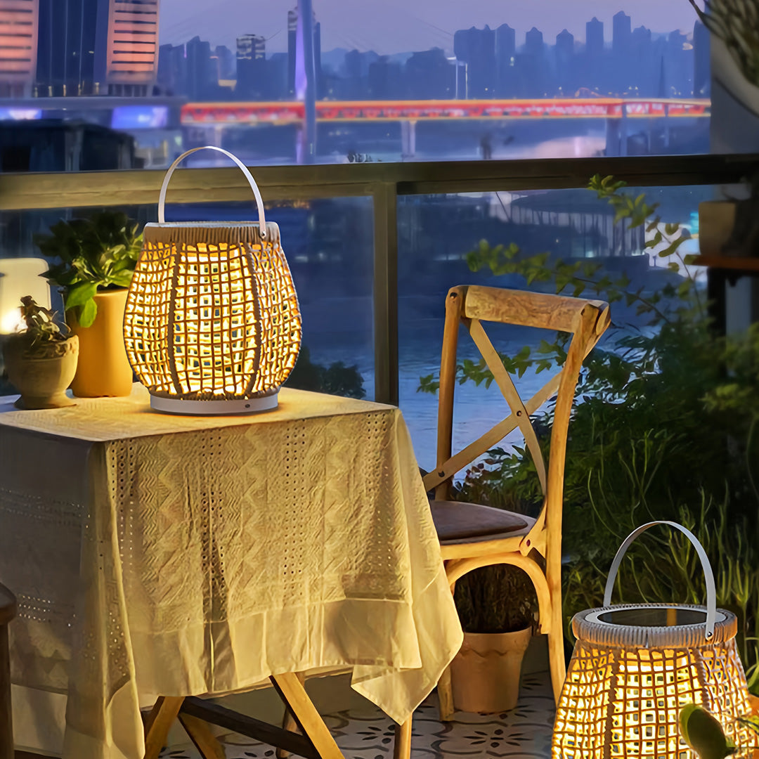 Woven Outdoor Lantern Floor Lamp with Handle, Portable Patio Lighting