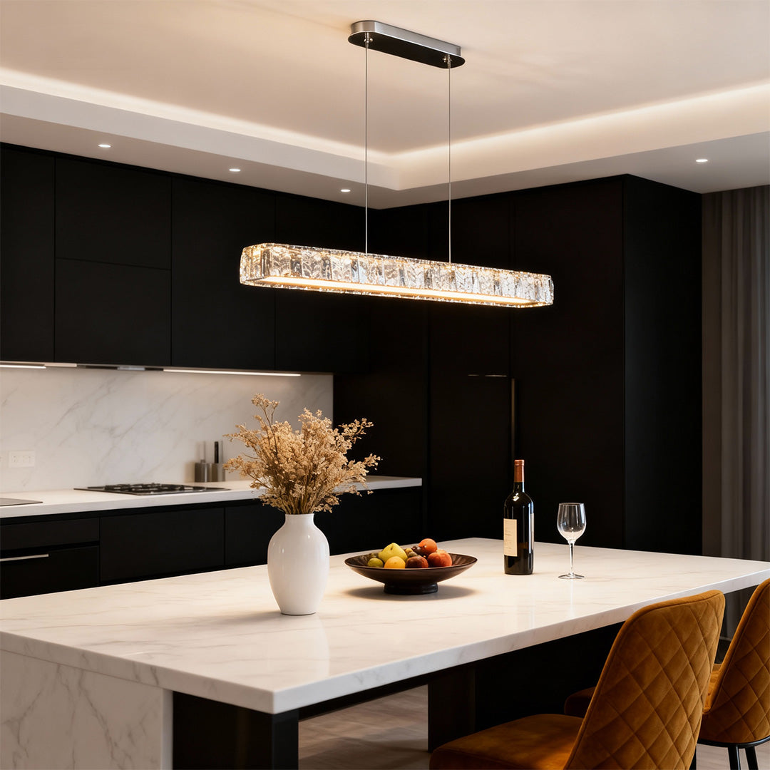 Linear Gold LED Pendant Light with Crystal Accents for Modern Interiors