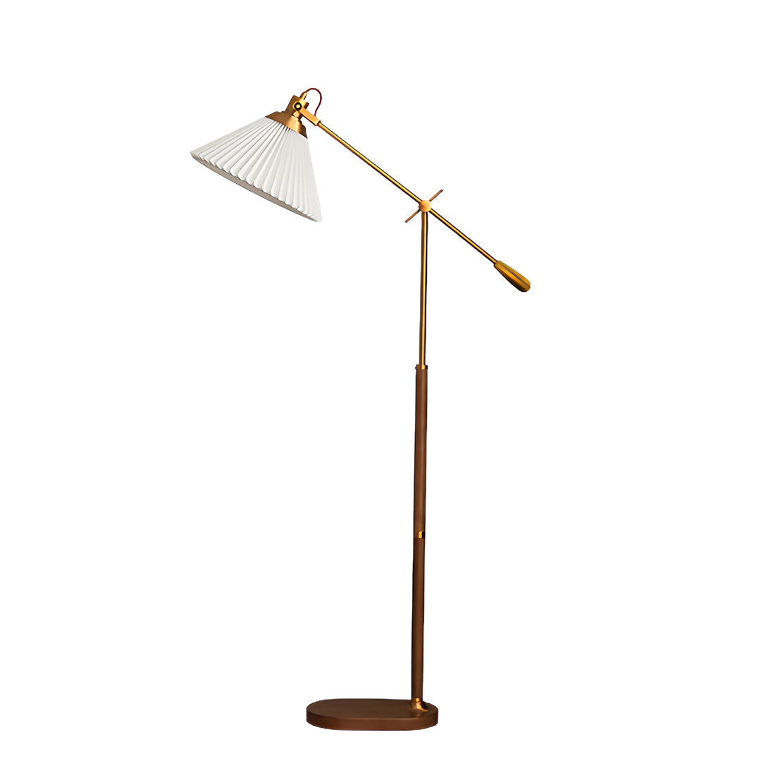 Swing Arm Floor Lamp with Pleated Shade and Solid Ash Wood Base