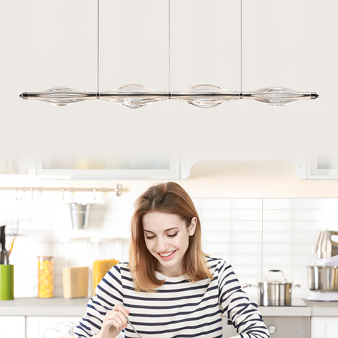 Crystal Linear Pendant Light for Kitchen Island, Modern Chrome LED Suspension