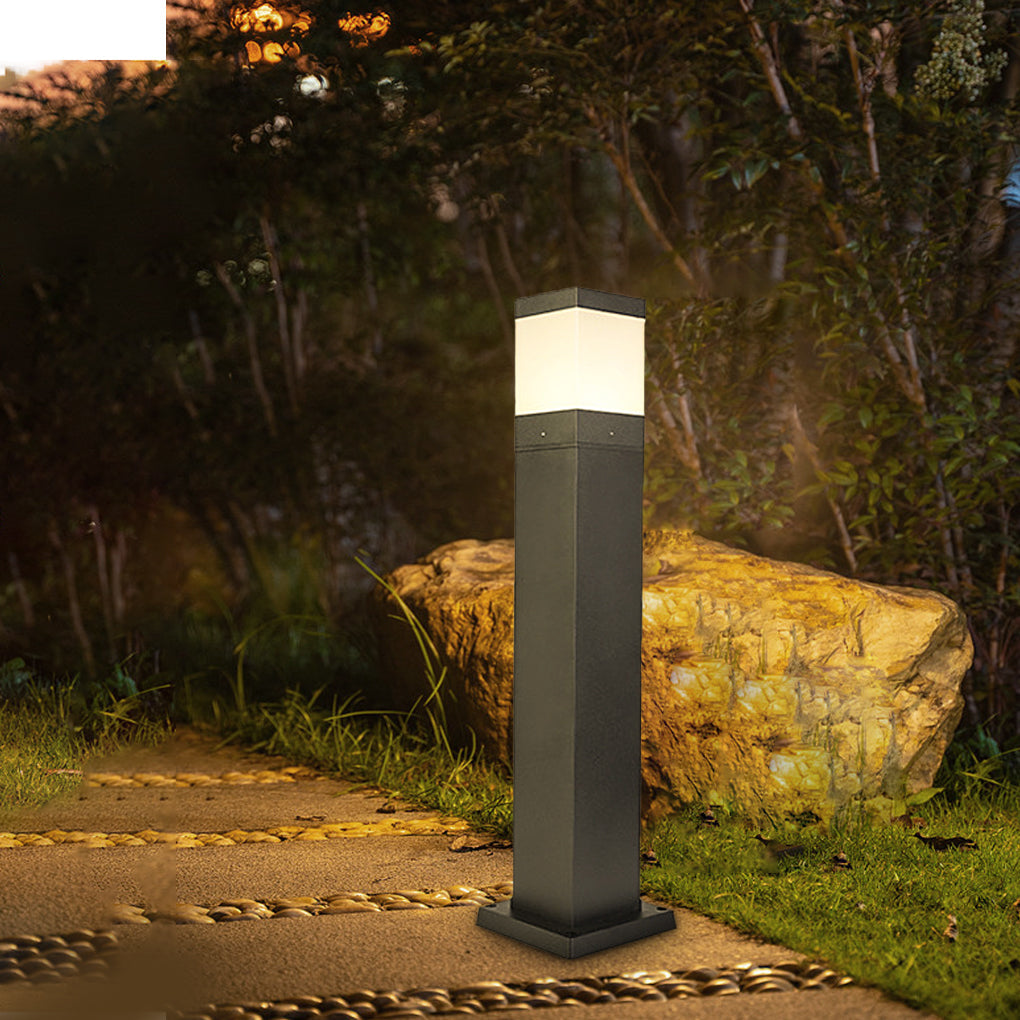 Modern Square Outdoor Bollard Light in Black with Warm White LED