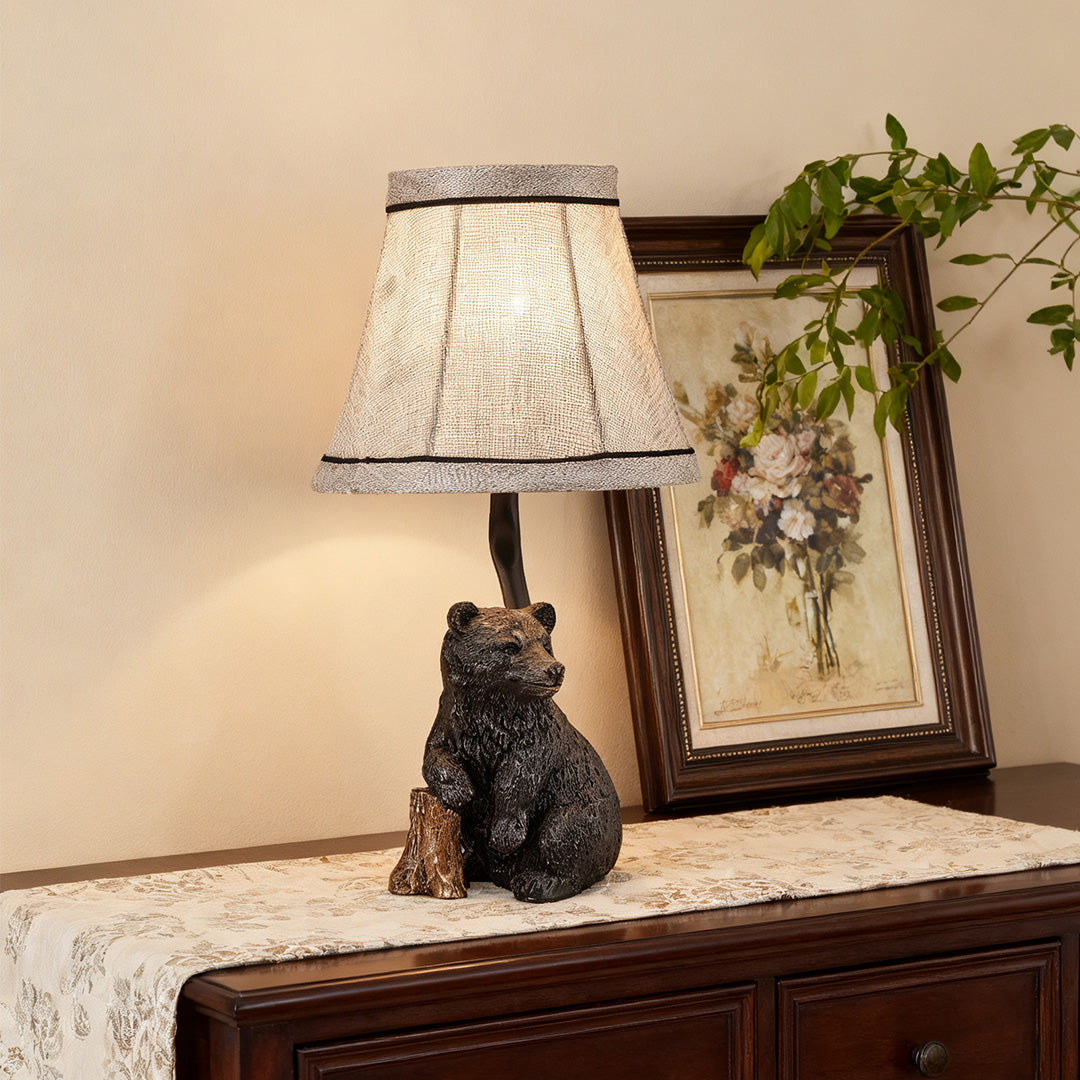 European Style Bear Resin Table Lamp with Fabric Shade