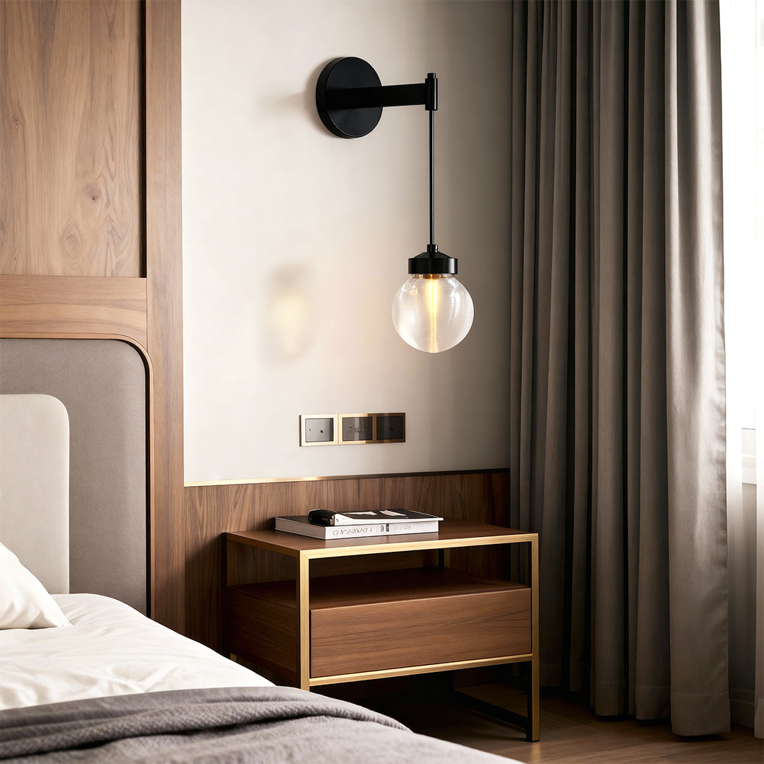 Modern Wall Sconce with Clear Glass Shade in Copper, Chrome, or Black