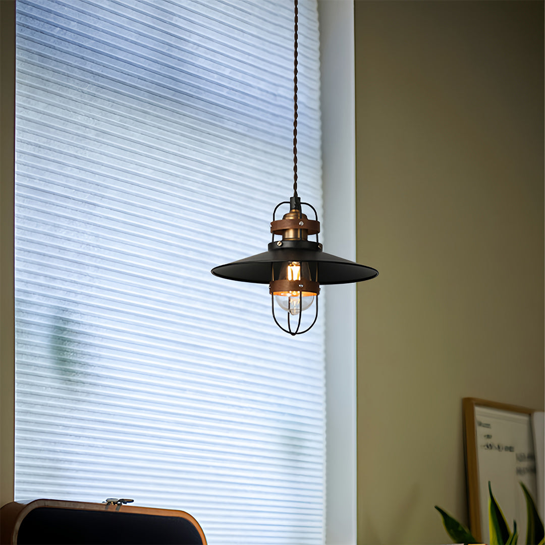 Industrial Vintage Pendant Light with Walnut Accents, Adjustable Hanging Chain