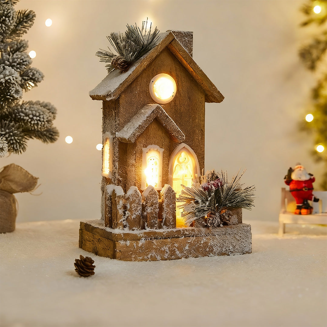 Nordic Wooden Christmas House Table Lamp with Warm LED Glow