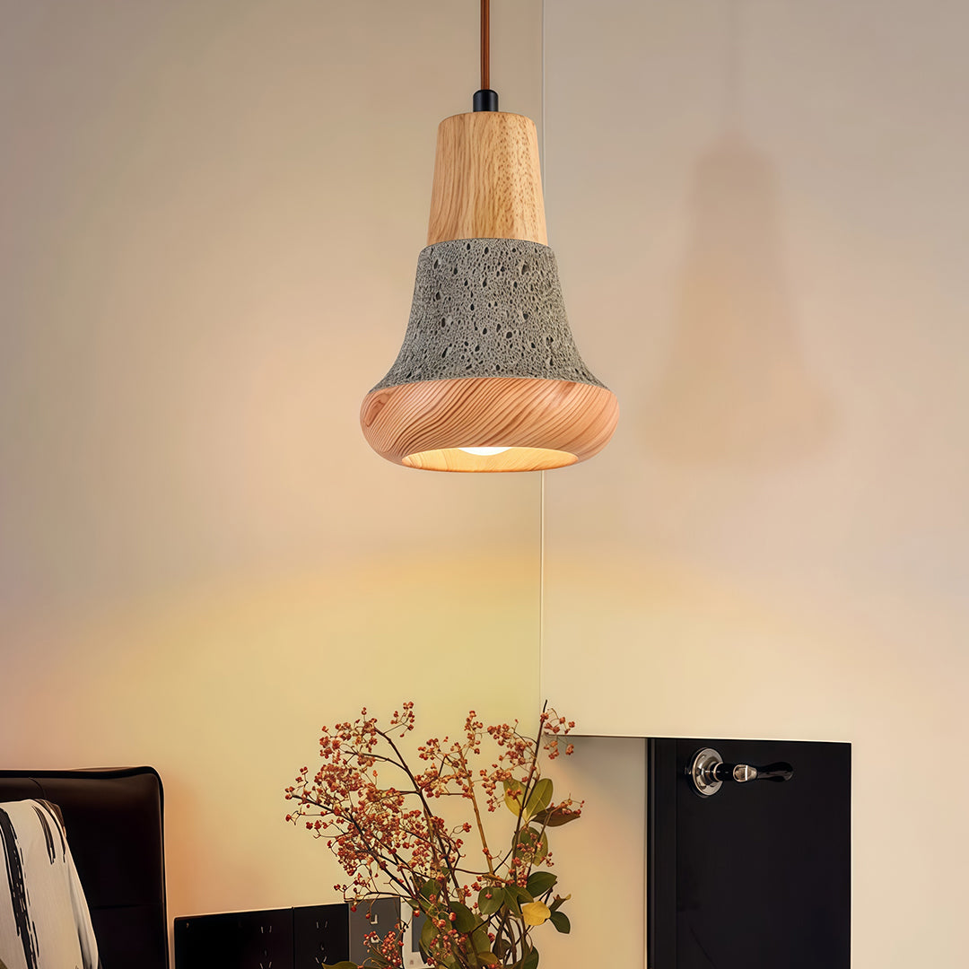 Wabi-Sabi Wood Pendant Light with Cement Accent, Adjustable Hanging