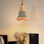 Wabi-Sabi Wood Pendant Light with Cement Accent, Adjustable Hanging