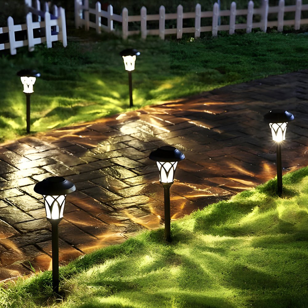 Retro Modern Solar LED Stake Lights in Glass and Stainless Steel for Pathways and Gardens