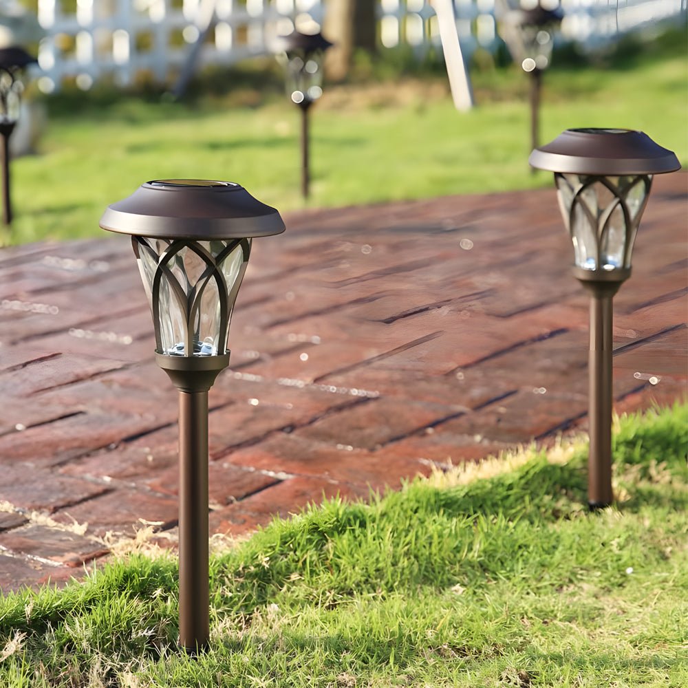 Retro Modern Solar LED Stake Lights in Glass and Stainless Steel for Pathways and Gardens