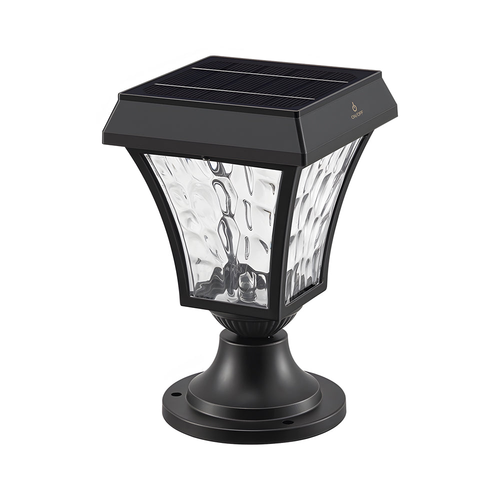 Solar-Powered Cast Aluminum Post Cap Lantern with Rippled Glass Shade