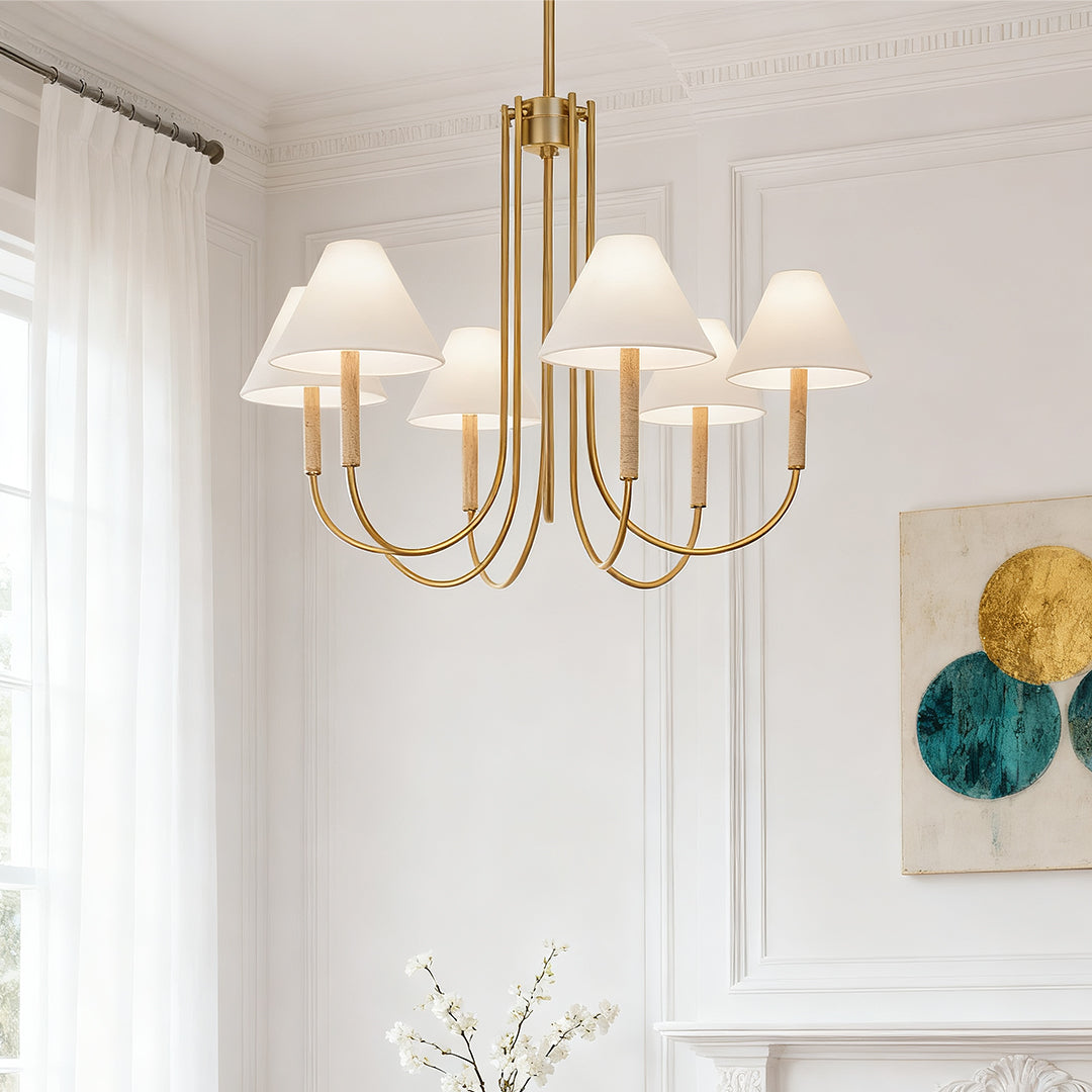 Gold Fabric Shade Chandelier with Copper Frame – 38 Inch Candle Chandelier