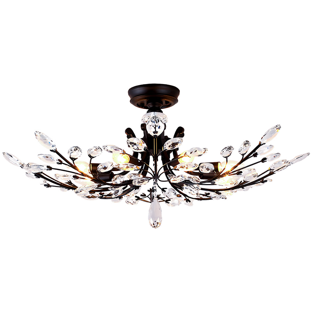 Crystal Leaf Semi Flush Ceiling Light in Black Iron