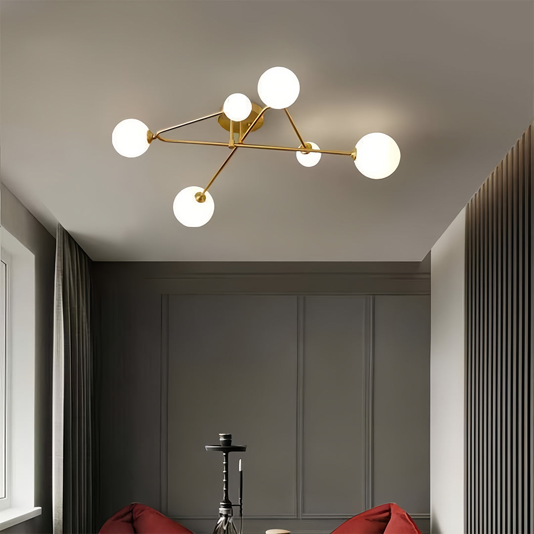 Nordic Gold Semi Flush Mount Ceiling Light with Milk Glass Shades