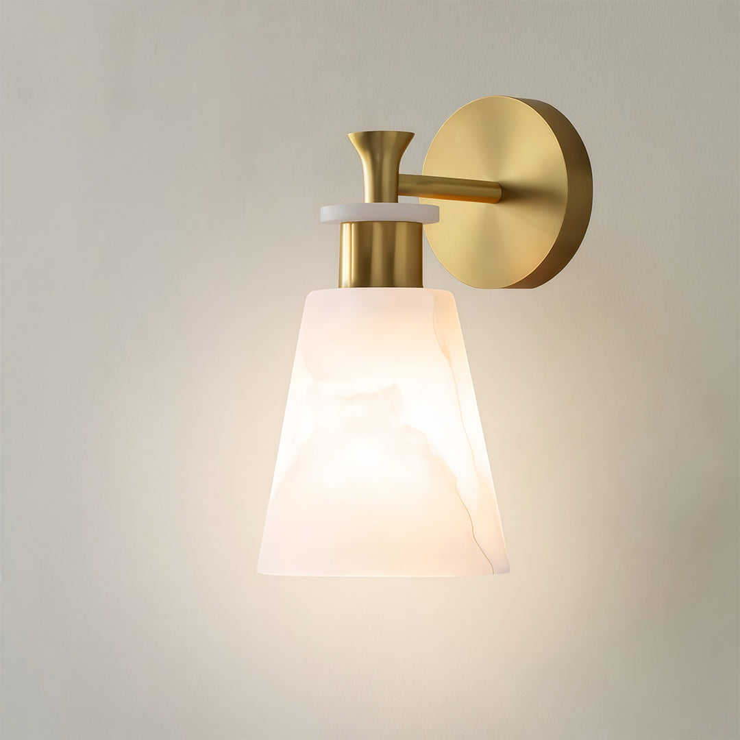 Luxury Brass Wall Sconce with Marble Shade, Minimalist LED Lighting for Modern Interiors