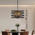 Walnut Accent Black Iron Drum Pendant Light, Adjustable Cylinder Ceiling Lamp