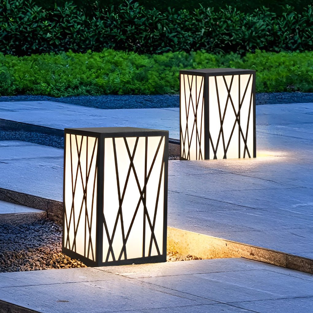 Square Solar LED Bollard Light with Linear Pattern Shade, 20W Black Stainless Steel