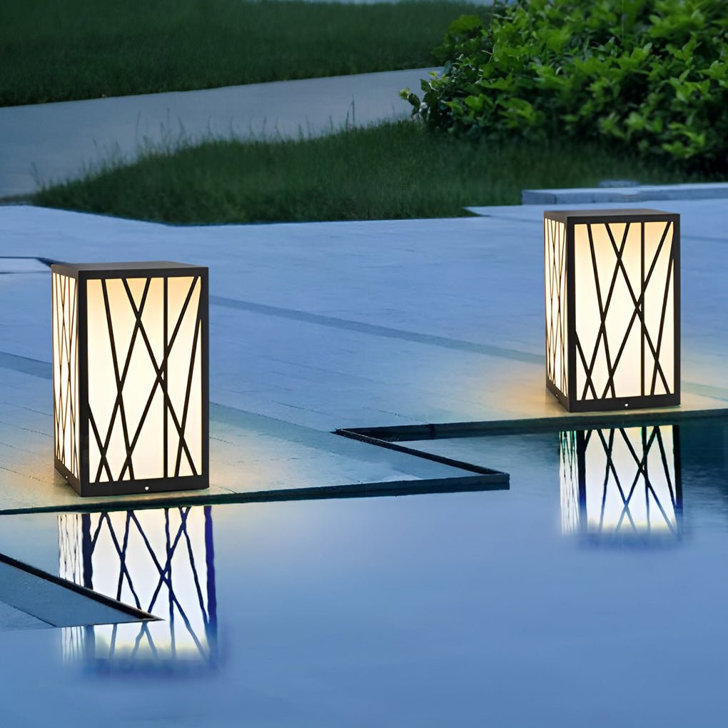Square Solar LED Bollard Light with Linear Pattern Shade, 20W Black Stainless Steel