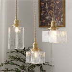 Vintage Brass Square Glass Pendant Light with Adjustable Cord