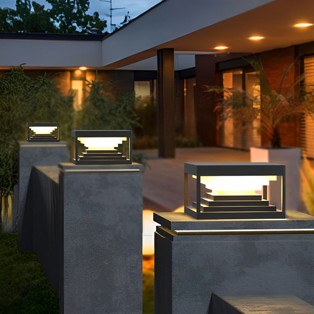 Modern Square Pillar Lights in Black Stainless Steel for Outdoor Columns