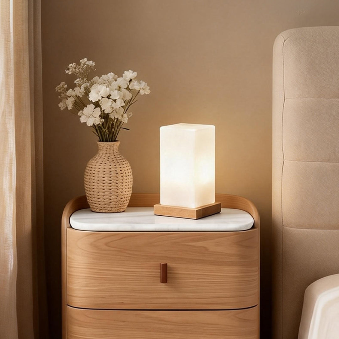 Nordic Wooden Cube Table Lamp with Frosted Glass and Rechargeable LED