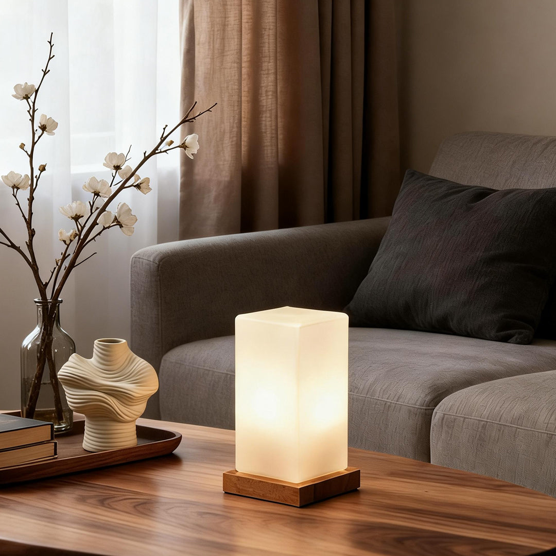 Nordic Wooden Cube Table Lamp with Frosted Glass and Rechargeable LED