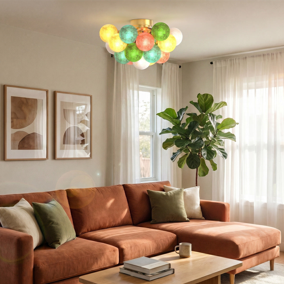 Artisan Stained Glass Flush Mount Ceiling Light in Gold Iron, Modern LED