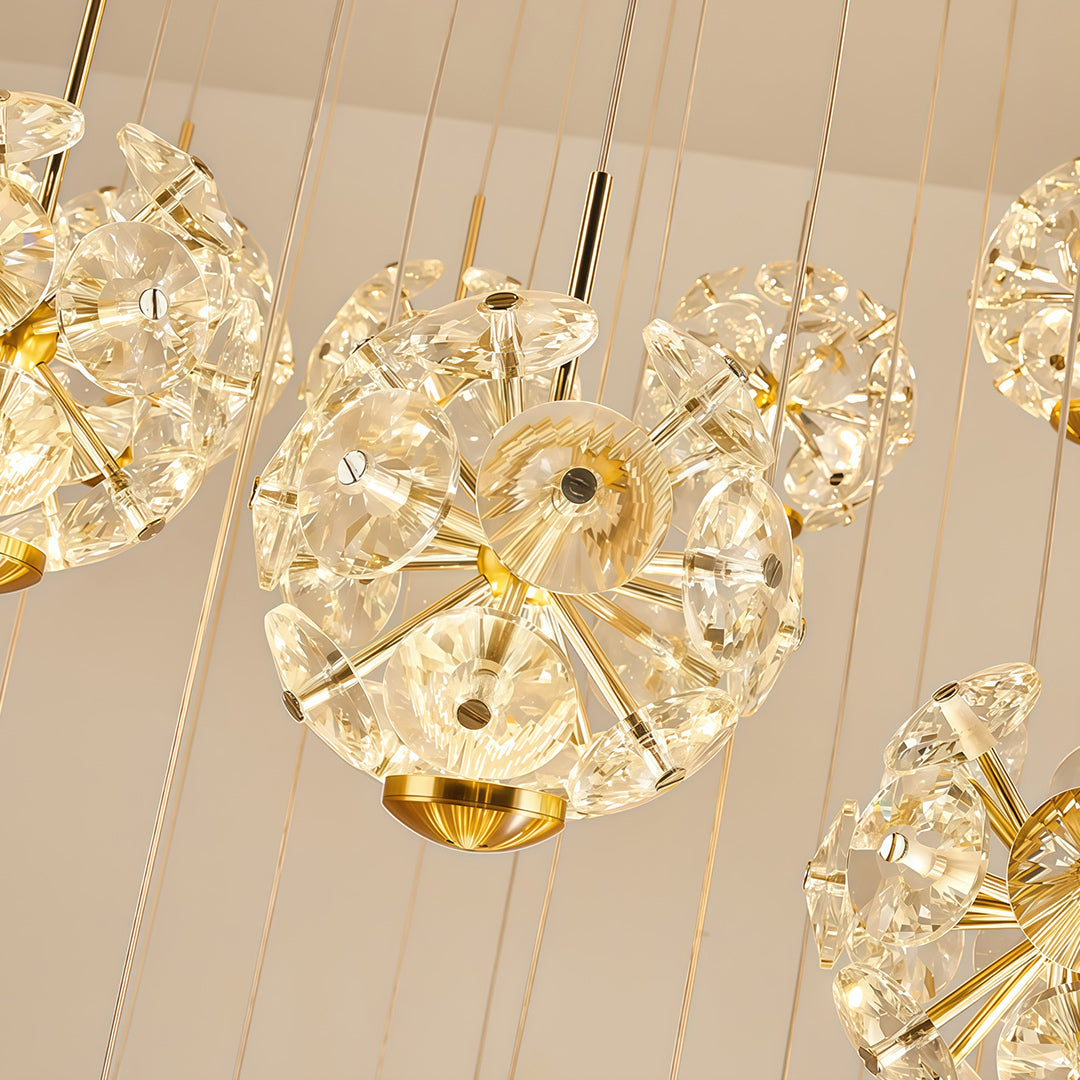 Luxury Crystal Staircase Chandelier with Gold Iron Frame, Modern High Ceiling Light