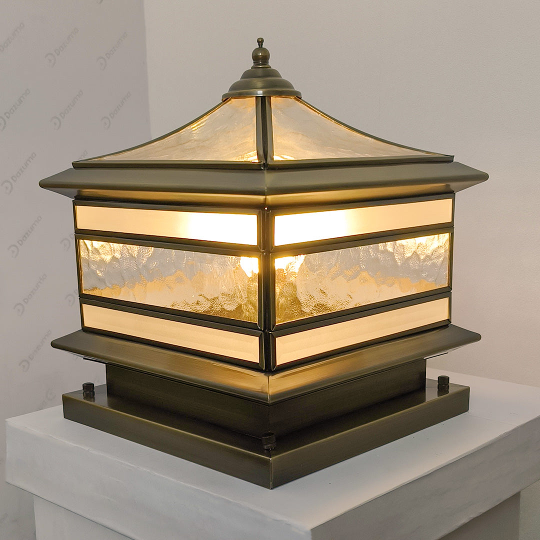 Retro Copper Stone Pillar Solar Post Light, Waterproof Outdoor Fence Lamp