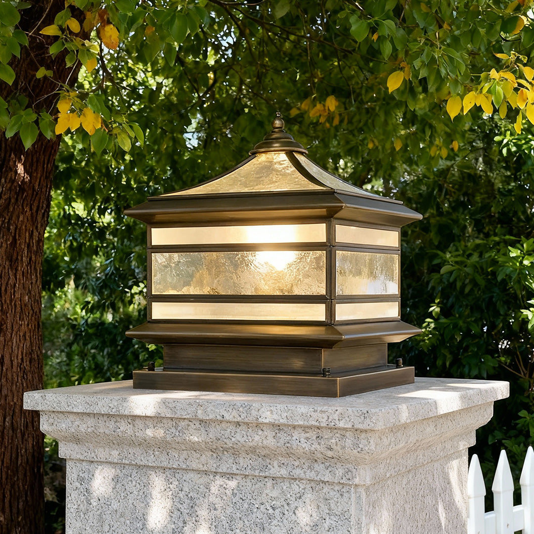 Retro Copper Stone Pillar Solar Post Light, Waterproof Outdoor Fence Lamp