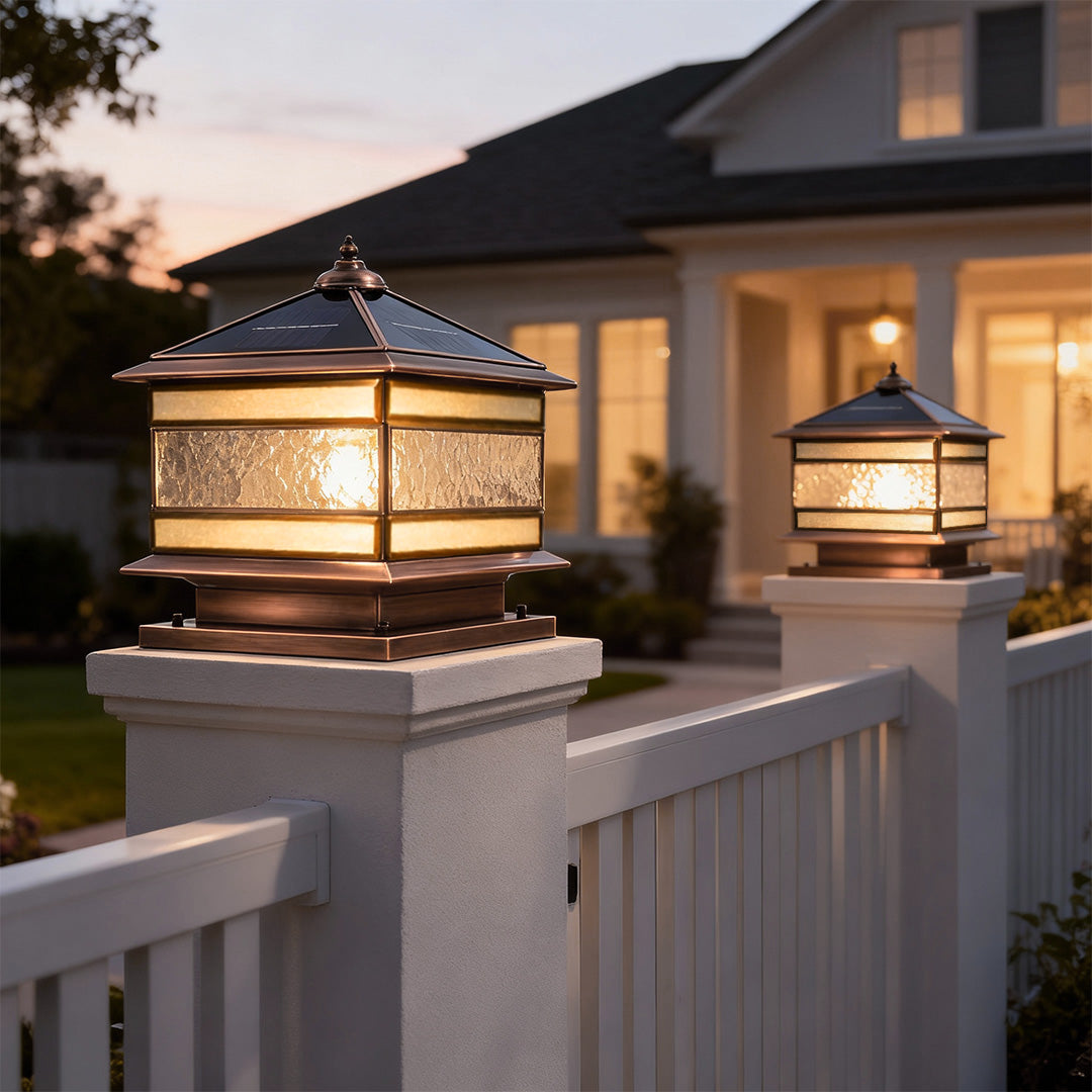 Retro Copper Stone Pillar Solar Post Light, Waterproof Outdoor Fence Lamp