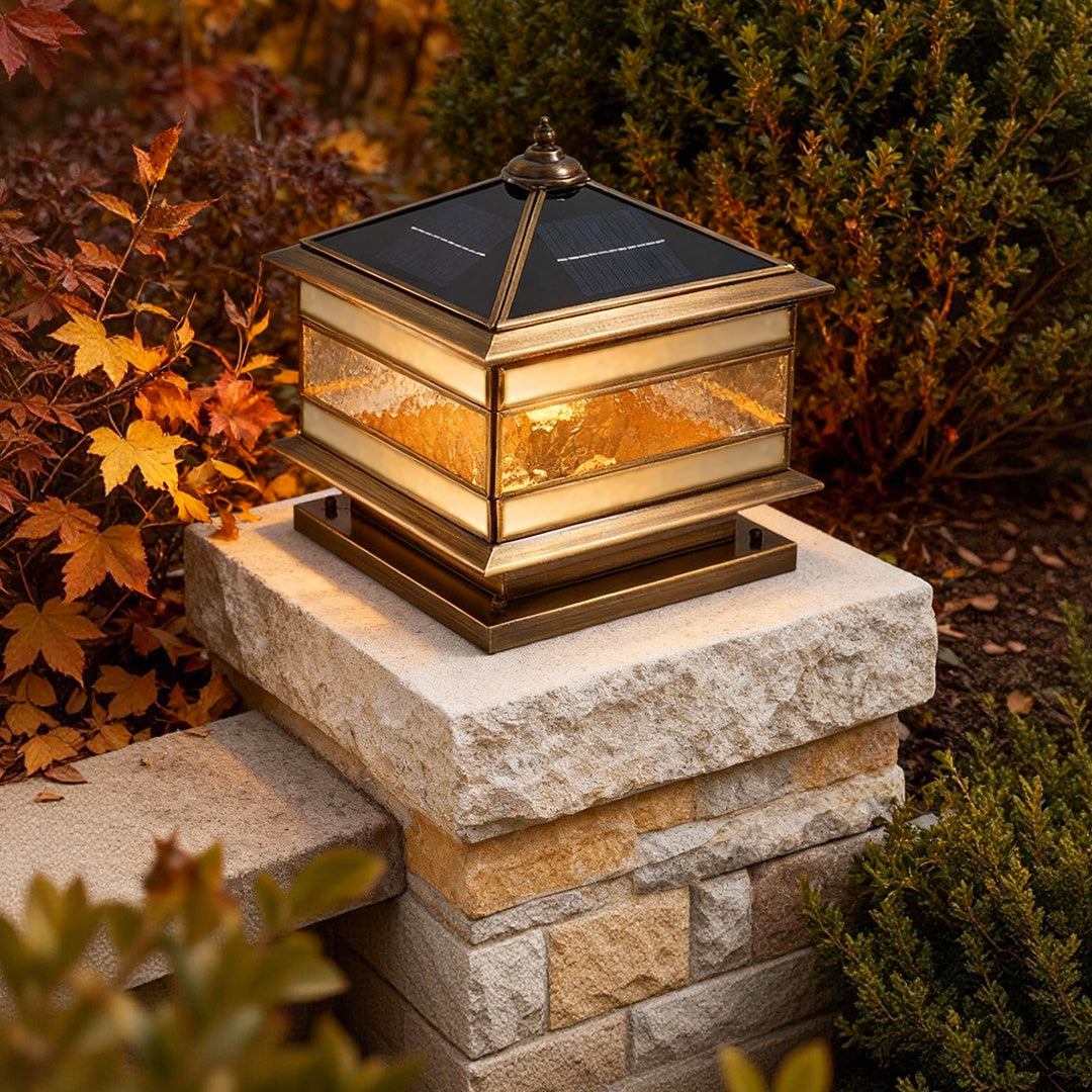 Retro Copper Stone Pillar Solar Post Light, Waterproof Outdoor Fence Lamp