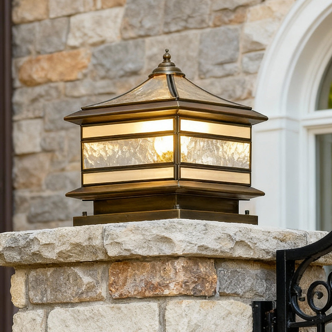 Retro Copper Stone Pillar Solar Post Light, Waterproof Outdoor Fence Lamp