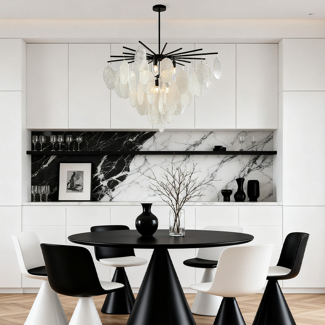Mother of Pearl Chandelier with Black Metal Frame and Clear Glass Shades