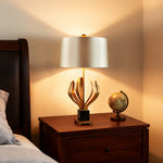Vintage Gold Metal Table Lamp with Champagne Fabric Shade for Bedroom