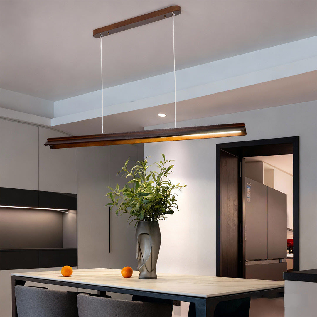 Linear Wood LED Pendant Light with White PVC Shade, Minimalist Dining Room Fixture