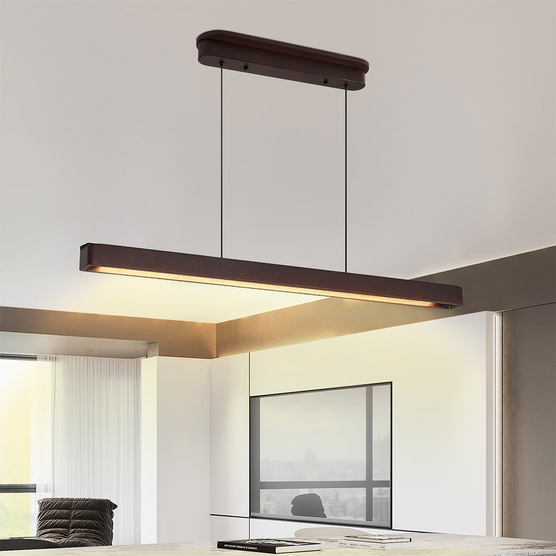 Linear Pendant Light with Walnut Wood Accents, Japanese Minimalist Island Lighting