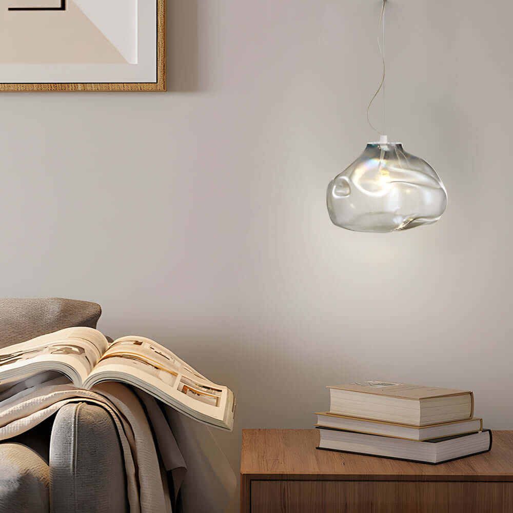 Hand-Blown Textured Glass Pendant Light in Teal or Ash, Modern Nordic Hanging Lamp