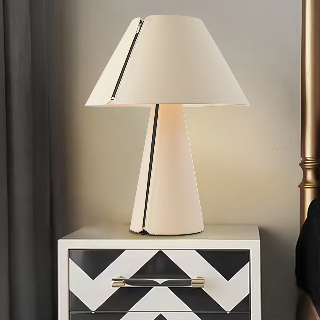 Pleated White Table Lamp with Leather Accent – Modern Bedside Lighting