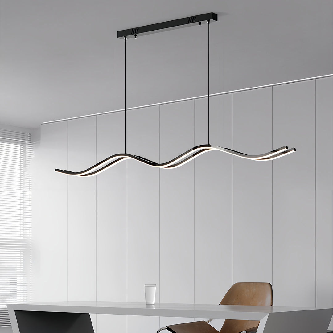 Modern Wavy Black Pendant Light for Kitchen Island, Minimalist LED Linear Suspension