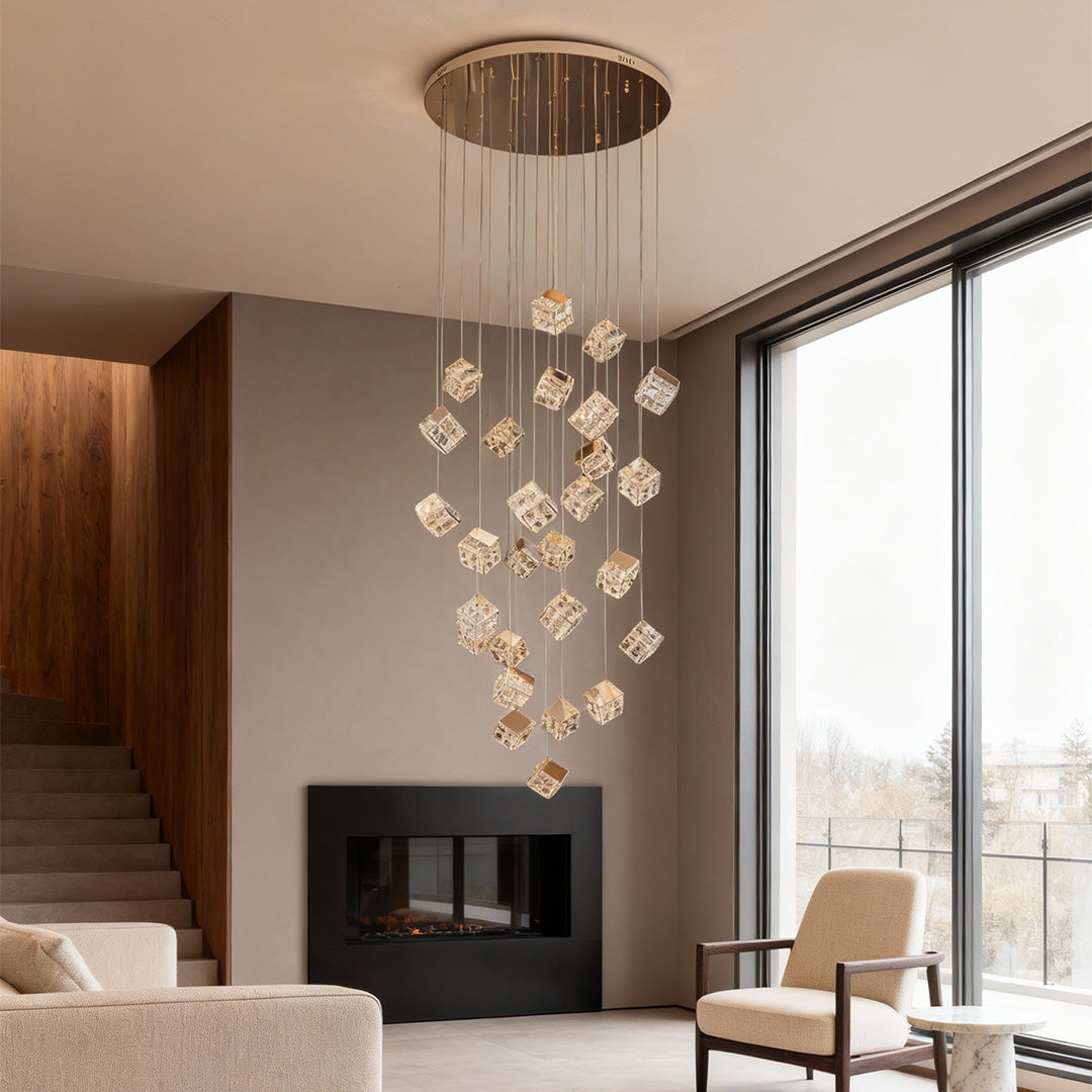 Crystal Staircase Chandelier with Gold Frame and Adjustable LED Lighting