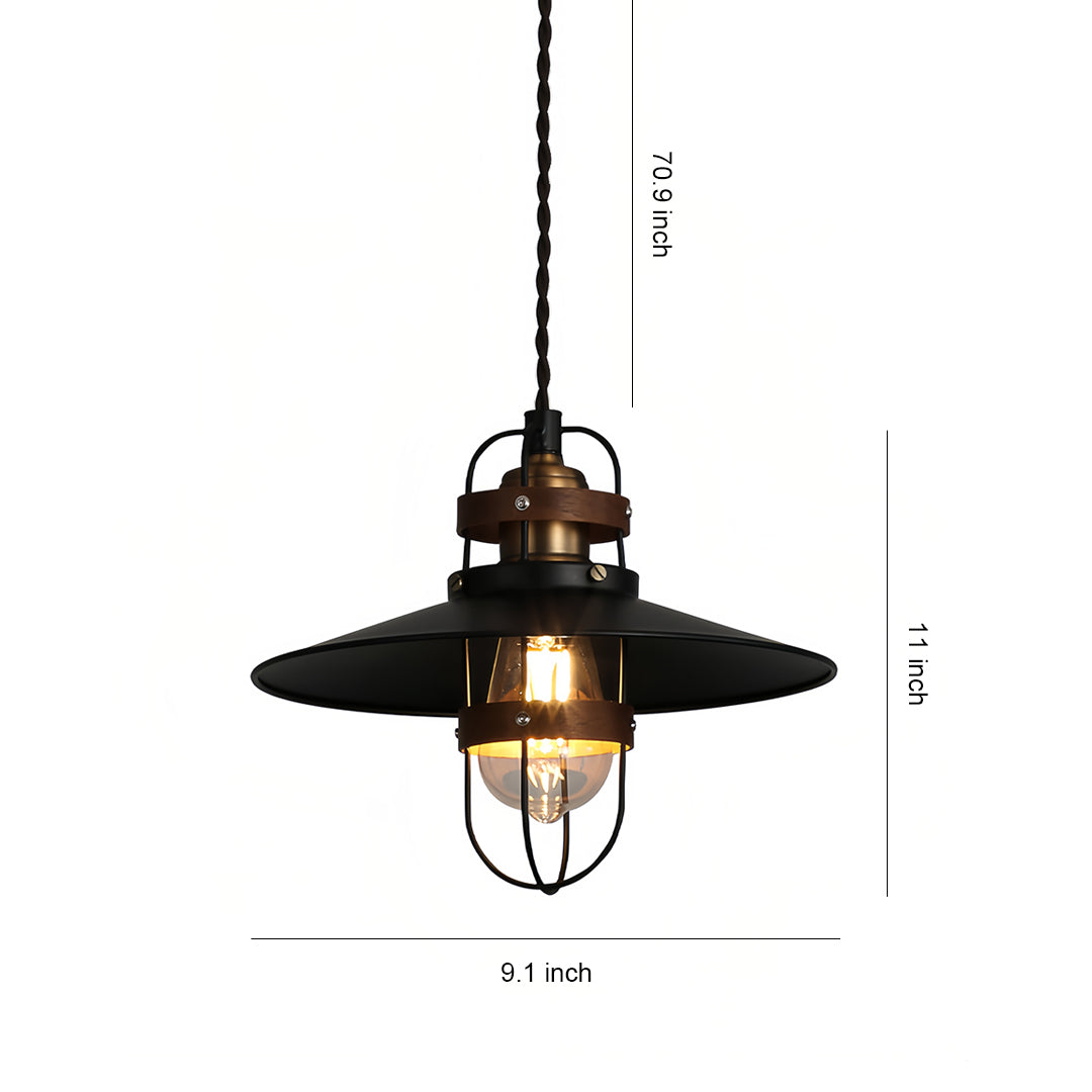 Industrial Vintage Pendant Light with Walnut Accents, Adjustable Hanging Chain