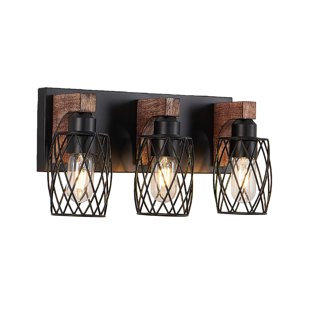 Black Metal Cage Vanity Light with Walnut Accents for Bathroom Mirror
