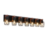 Black Metal Cage Vanity Light with Walnut Accents for Bathroom Mirror