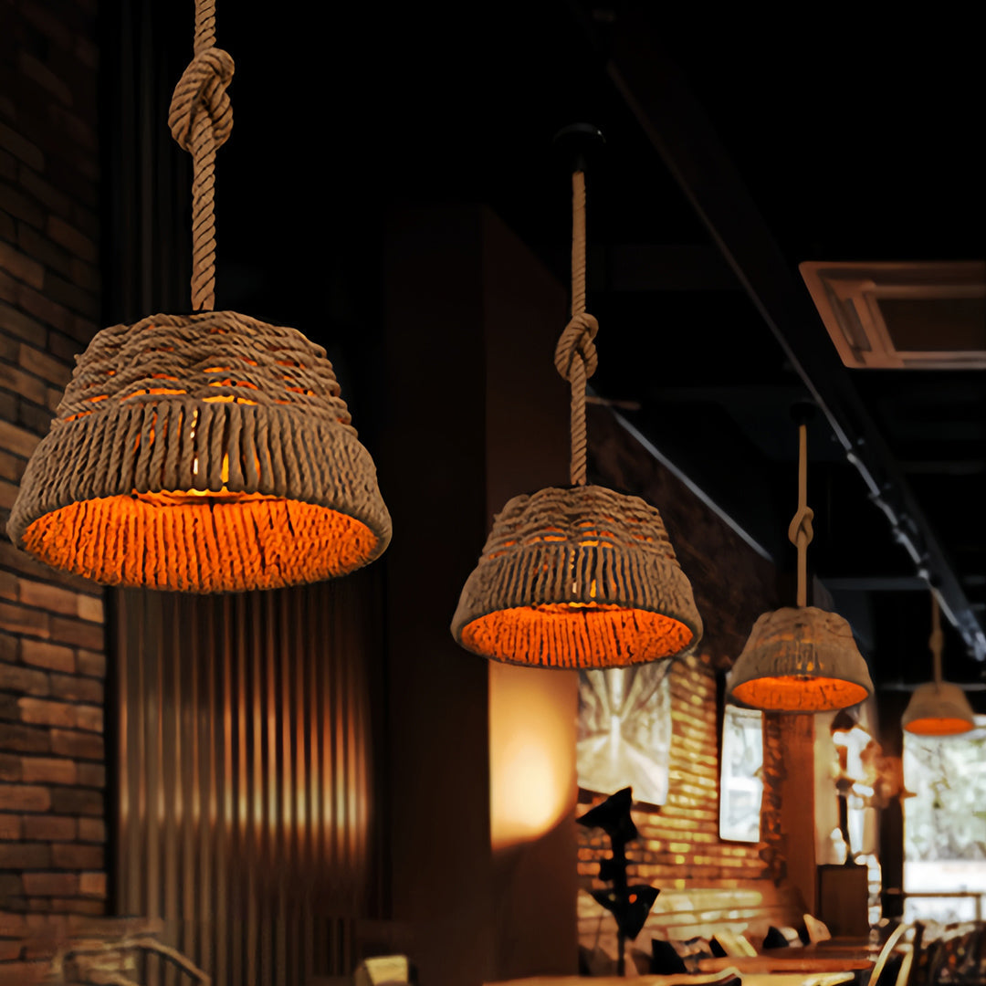 Artisan Hemp Rope Pendant Light with Iron Shade – Vintage Industrial Ceiling Lamp