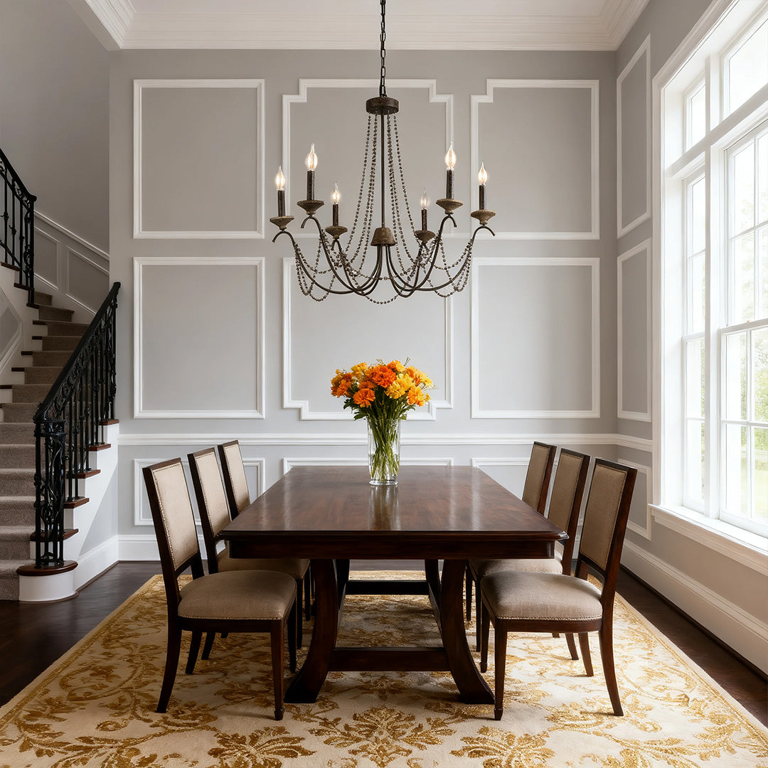 French Pearl Chandelier with Six Candle Sockets in Black Metal