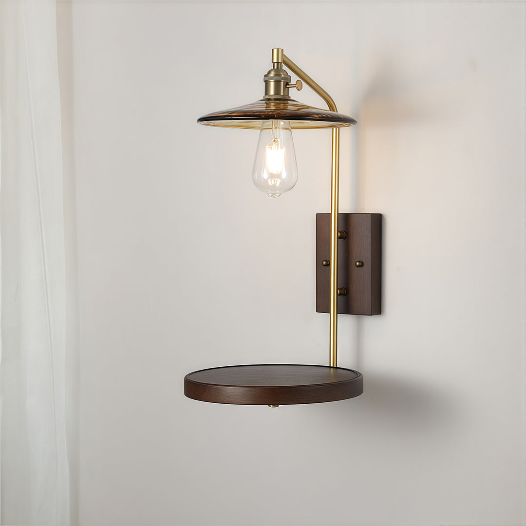 Japanese Retro Wave Glass Wall Sconce with Rubberwood Accent