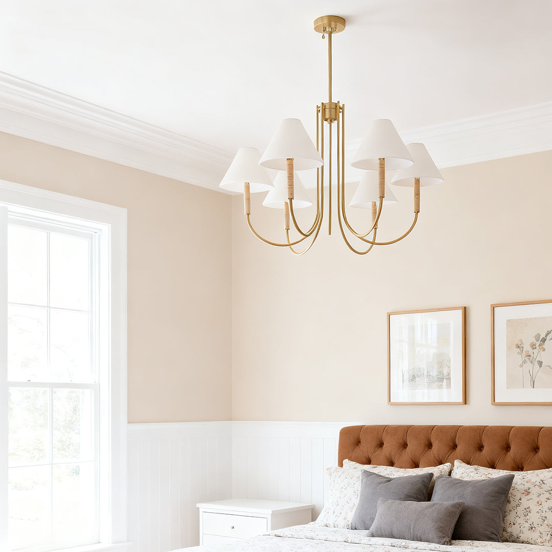 Gold Fabric Shade Chandelier with Copper Frame – 38 Inch Candle Chandelier