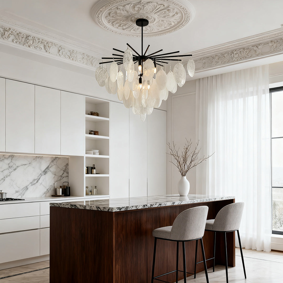 Mother of Pearl Chandelier with Black Metal Frame and Clear Glass Shades